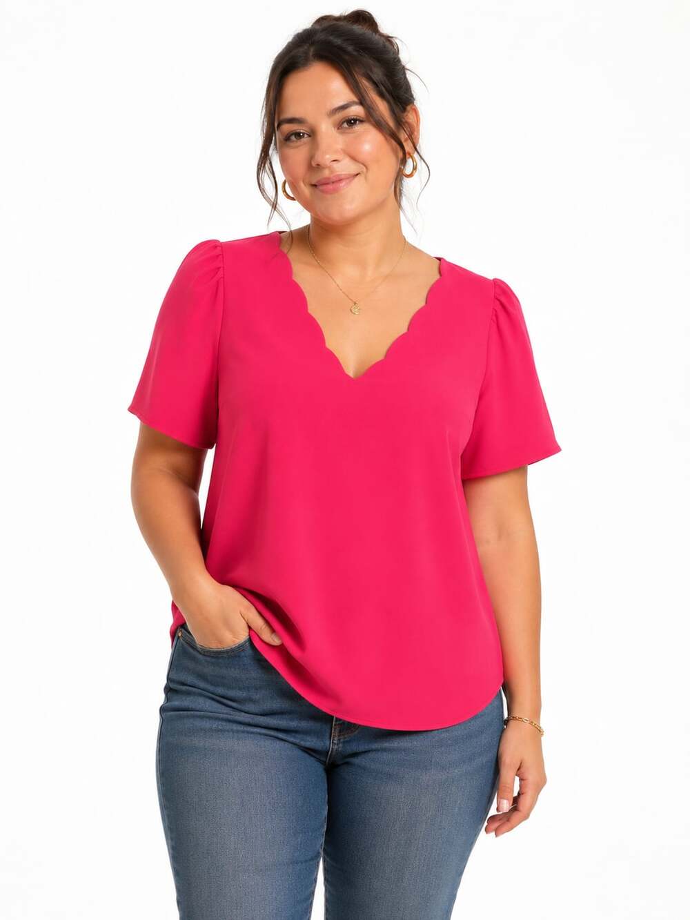 JODIFL Women's Fuchsia Pink V-Neck Scalloped Trim Short Sleeve Blouse